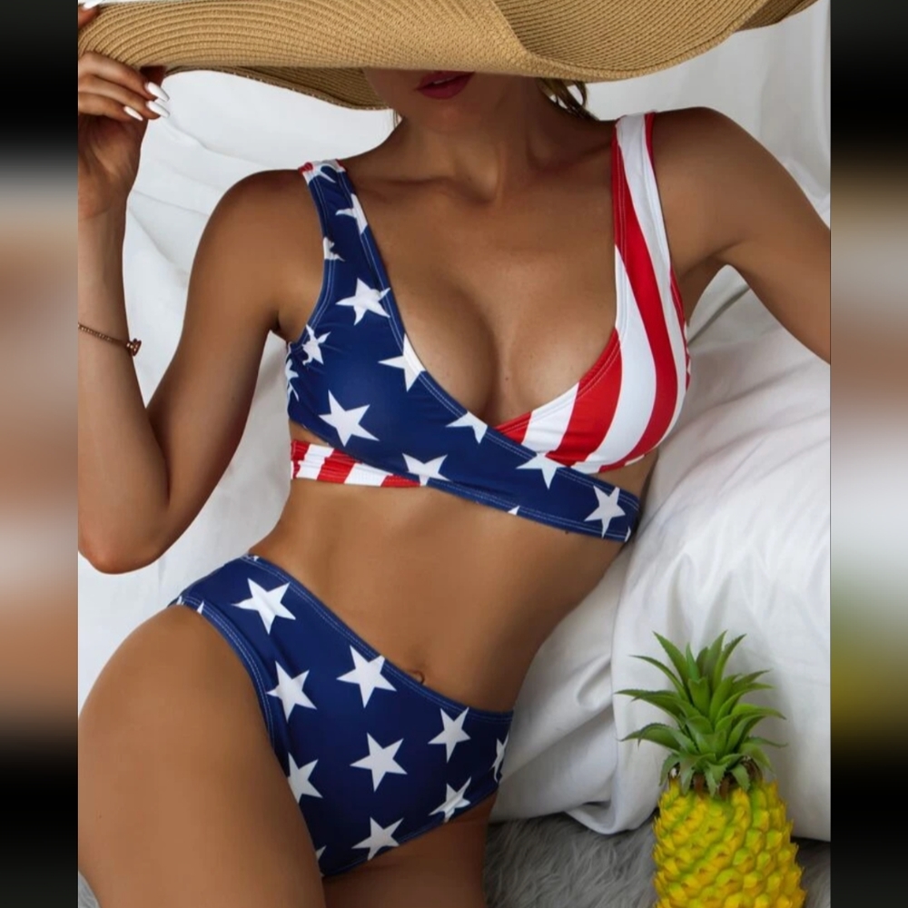 SHEIN stars and stripes print cross bikini